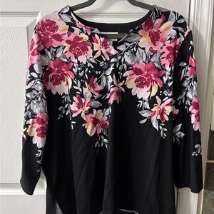 Alfred Dunner Black Long-Sleeve Top with Pink Floral Print
